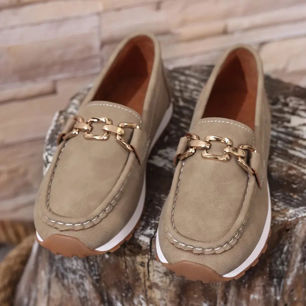 Neutral Beige Loafers with Gold Accent